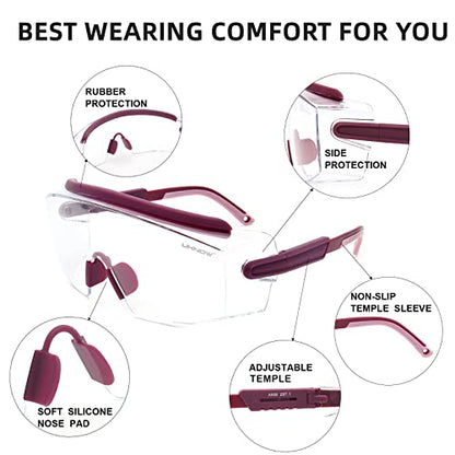 UKNOW Safety Goggles Over Glasses, Anti Fog Safety Glasses with Clear Wraparound Lens, ANSI Z87.1 Protective Eyewear - color: Burgundy