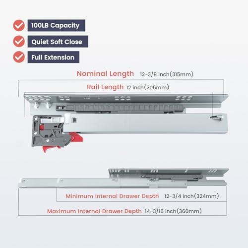 Homdiy 12 Inch 1 Pair Undermount Soft Close Drawer Slides Hidden Bottom Mount Cabinet Rails, Full Extension Concealed Bottom Mount Rails, 100 LB Load Capacity Heavy Duty Steel Cabinet Slides - size: 12 Inch
