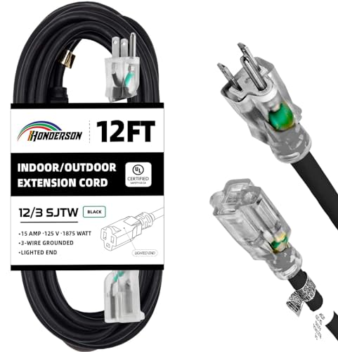 Indoor Outdoor Extension Cord Weatherproof with Lighted End, UL Certified, 12 Gauge 12FT Black 3 Prong Heavy Duty, 12/3 SJTW 15A Power Cord for Outdoor Lights, Lawn - size: 12FT, style: 12/3