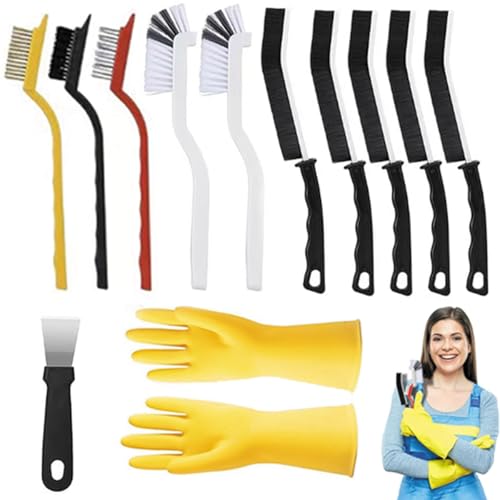 Crevice Cleaning Brush，12Pcs Multifunctional Hard Bristle Cleaning Tool with rubber gloves for Kitchen, Bathroom,Corner, Grout, Sink,toilet, Window Track, Bathtub, Vehicle, Faucets
