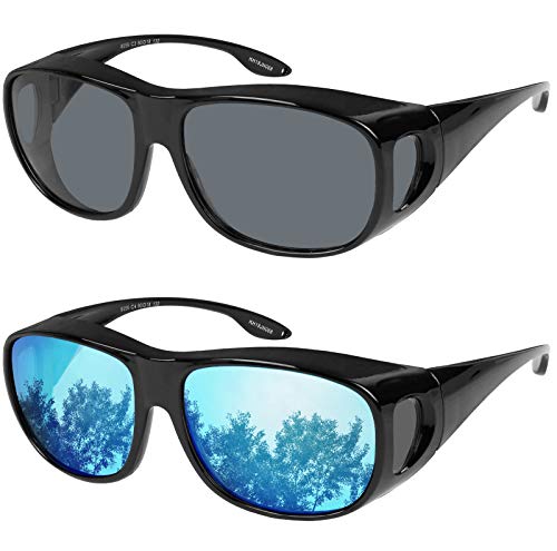 Fit Over Wrap Sunglasses Polarized Lens Wear Over Eyeglasses 100% UV Protection for Men and Women - color: Smoke Lens and Blue Mirror Lens