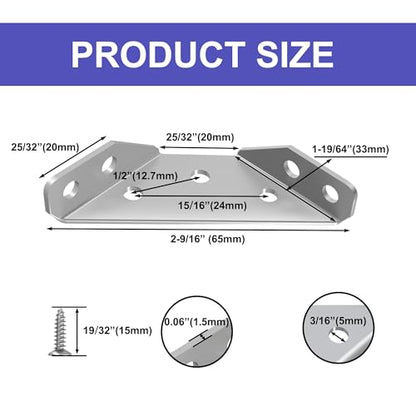 24 Pcs Stainless Steel Corner Brackets with Screws, Angle Connectors for Wood Furniture, Shelves, Chairs, Drawers, Cabinets - size: 24 Pcs