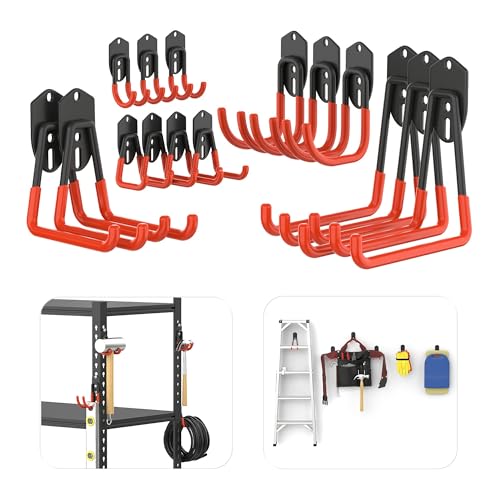 TORACK 15 PCS Garage Storage System Hooks, Shelving Hooks for Keyhole Shelving Units Wall Mount Utility Hooks for Tools, Ladders, Cords, Folding Chairs, Shovels and Rakes(Orange) - color: Orange