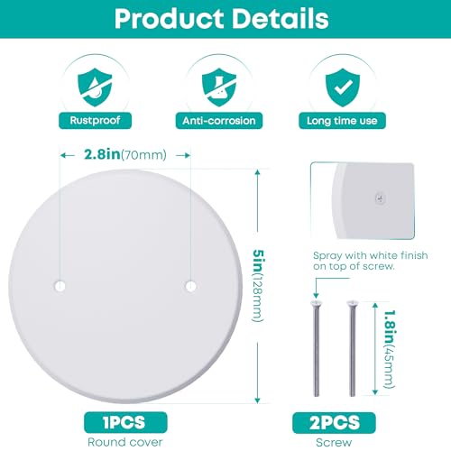 1 Pcs Ceiling Cover Plate, 5 inch Round Outlet Covers Plate For 3-1/2 inch Electrical Box, Metal Blank Cleanout Cover Plate for Smoke Detector, Wall Light Hole, Hole Spacing 2.8 inch-White - color: 1 PCS