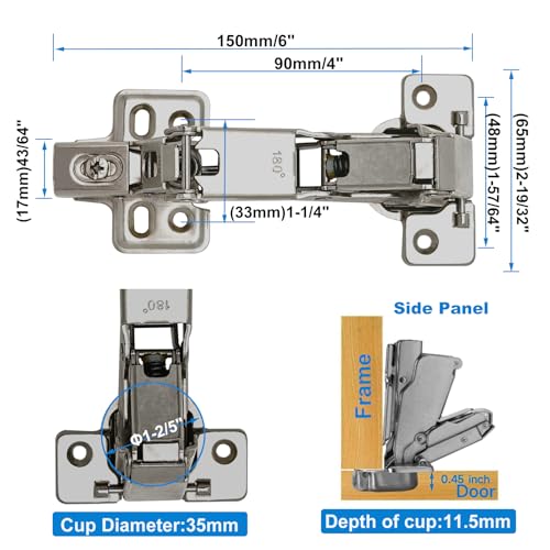 180 Degree Frameless Cabinet Doors Hinges, Concealed Hydraulic Adjustable Mounting, Soft Closing Nickel-Plated Steel Buffer Dampers, 180 Degree Hinge /2Pcs (Full Overlay) - color: silver-180°
