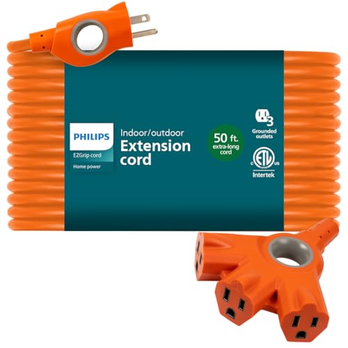 Philips EZGrip Outdoor Extension Cord with Multiple Outlets, Grounded 3 Prong Cord, Long Extension Cord Indoor with Multiple Outlets, Heavy Duty Extension Cord, 50 Ft, 16 AWG, Orange, SPS3783O/37 - color: Orange, size: 50 Ft, style: 3-Outlet
