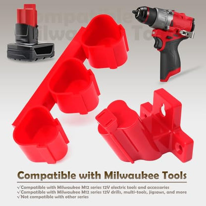 Tool Holders and Battery Holder Compatible with Milwaukee M12 12V Electric Drill Tools Storage Wall Mount Red Plastic Hanger for Shelf, Work Van or Toolbox with 22 Screws
