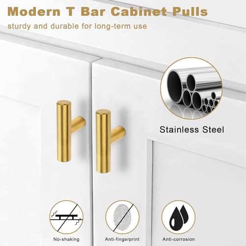Estmoon 30 Pack Brushed Brass Cabinet Knobs Gold Drawer Pulls Stainless Steel Brushed Gold Dresser Knobs for Cabinets Cupboard Bathroom Kitchen Hardware, Single Hole T Bar Pulls, 2in Overall Length - color: Brushed Brass, size: 1 Hole Mount, style: Knob 3