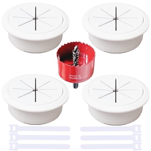 4 Pack Desk Grommet 2 Inch (50 mm) White, Desk Hole Cover for Cables, White Desk Cord Hole Cover for Office Home Table, Cable Grommet with 1 Hole Saw Drill Attachment & 6 Cable Ties - color: White