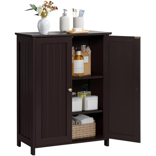 Yaheetech Bathroom Floor Cabinet, Modern Storage Freestanding Organizer Cabinet with Adjustable Shelves & Double Doors, 3-Tier Home Living Room Furniture, Espresso - color: Espresso, size: 24″ L × 12″ W × 32″ H