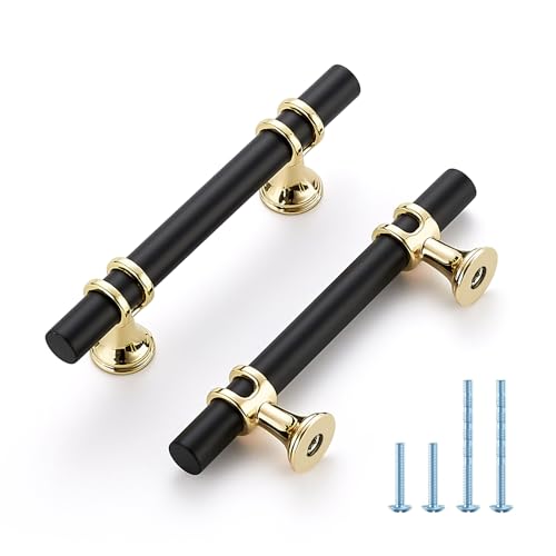 HOME EDIT Matte Black and Brushed Brass Cabinet Handles, 3 Inch Hole Center Modern T-Bar Drawer Pulls, Decorative Hardware for Cabinets, Dressers, and Drawers, 10 Pack - color: Brushed Brass and Matte Black, size: 3 Inch Hole Center