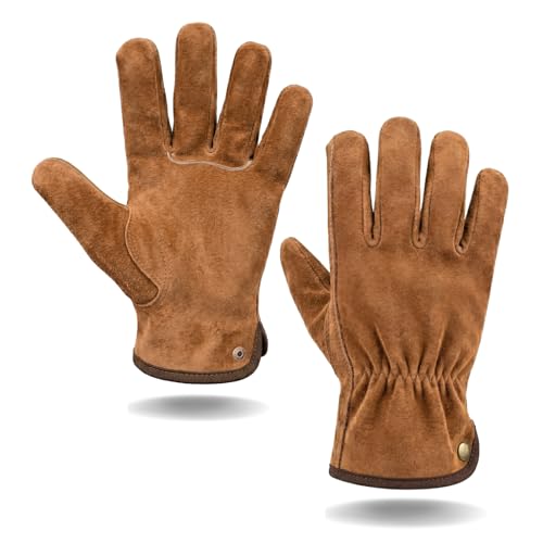 Leather Work Gardening Gloves for Men Women, Thorn-Proof Rose Pruning and Heavy-Duty Yard Work, Driving - color: Brown-xl