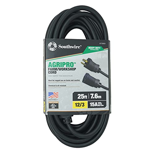 Southwire AGRIPRO 12/3 Heavy Duty Extension Cord, 25ft, Farm/Workshop Cord, SJTOW, Black, 67729001 - color: Black, size: 12/3 Gauge, style: 25 ft