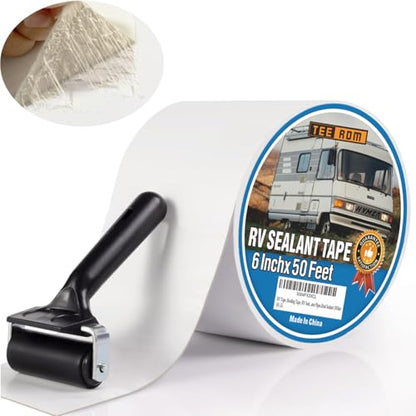 RV Roof Tape White,6 Inch X 50 Feet RV Sealant Tape with Rubber Roller,Camper Roofing Repair Sealant Tape, Waterproof Leak Tape for RV Repair,UV Resistant, Weatherproof, for Boat Sealing, Camper - size: 6 Inch X 50 Feet (Tape with Rubber Roller)