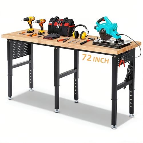 ENJOYWOOD Work Bench 72 Inch Adjustable Height Workbench with Power Outlets & Extended Pegboard 5000 lbs Load Capacity Heavy Duty Work Table for Garage, Workshop, Home, Office - size: Large