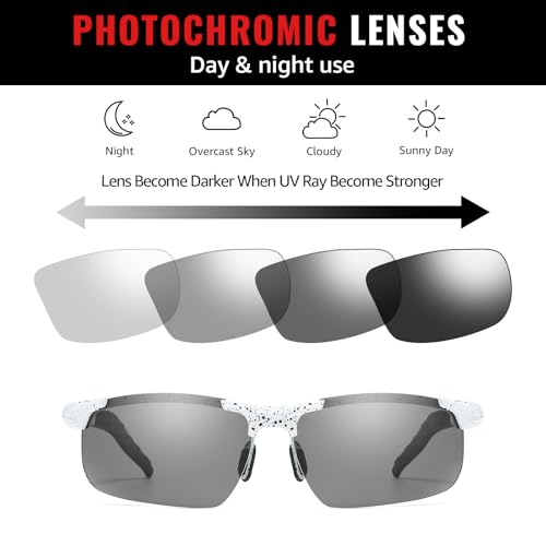 TJUTR Mens Photochromic Sunglasses Day & Night Driving Z87 Sun Glasses Polarized UV400 Protection Safety Glasses - color: B White Black Dot/Z87 Photochromic Polarized Safety Lens