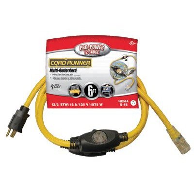 Coleman Cable 9004 12/3 Cord Runner Multi-Outlet Extension Cord with 3 Spaced Plugs, 6-Foot