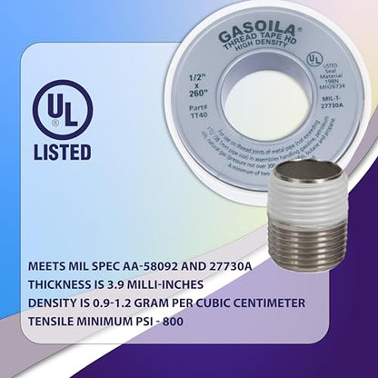 Gasoila PTFE Thread Seal Tape – Professional-Grade, 1/2 Inch x 260 Inch, High-Density Thread Tape for Plumbing, HVAC, Gas Lines, Water Pipes, and Air Compressors – Leak-Proof Seal, Non-Toxic - size: 1/2 Inch x 260 Inch Roll- 1 Pack (High Density)