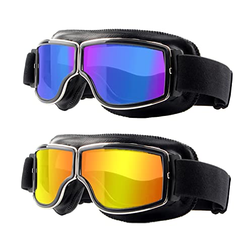 LJDJ Motorcycle Goggles,2 Pack Vintage Anti Fog Pilot PU Leather Glasses Dustproof ATV Off Road Motorbike Helmet Eyewear Protect for Ridding Motorcross Classes Aviator Goggles for Men Women Adult - color: Black/Golden+colorful Lens