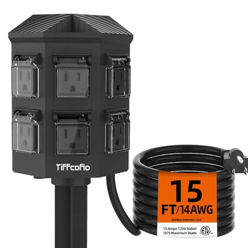 TiFFCOFiO Outdoor Power Strip Weatherproof, 15 FT Extension Cord with Stake, 6 Grounded Outlets for Christmas Yard Decorations and Inflatables, 15A/1875W, ETL Listed - size: 15 Ft