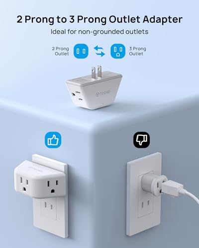 TROND 2 Prong to 3 Prong Outlet Adapter, 3-Way Angled Plug Extender with 3 AC Sockets, Wall Splitter for Non-Grounded Outlets in Old House, Cruise Essentials, White - color: White, size: 3AC-2 Prong Plug, 1 Pack