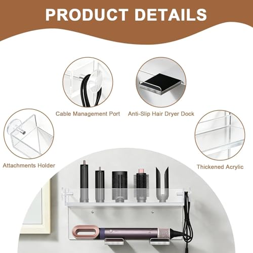 Hair Dryer Holder Wall Mounted, Acrylic Hair Tool Organizer with Curling Iron Holder – Compatible with Dyson Airwrap, Wall Mount Storage for Airwrap Styler, Attachments & Hair Iron Straightener