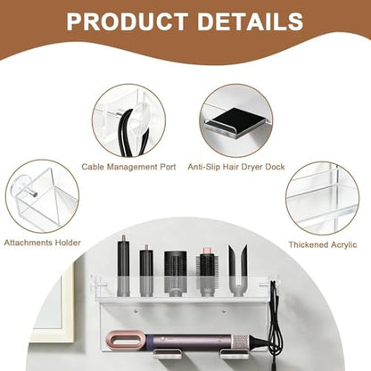 Hair Dryer Holder Wall Mounted, Acrylic Hair Tool Organizer with Curling Iron Holder – Compatible with Dyson Airwrap, Wall Mount Storage for Airwrap Styler, Attachments & Hair Iron Straightener
