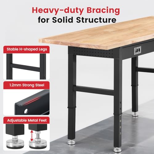 ENJOYWOOD 60" Adjustable Height Workbench with Drawers, Rubberwood Top, Pegboard & Power Outlets, Heavy Duty Work Table for Garage, Workshop & Home - size: XX-Large
