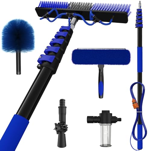 30Ft Reach Solar Panel Cleaning Brush Kit with 5-24ft Telescoping Pole, Water Fed Window Cleaner Tool with 20" Brush, Soap Dispenser, Cobweb Duster, Squeegee for Roof, CV, Gutter, Boat, Deck - color: Blue