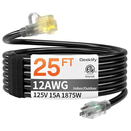 12AWG 25 FT Heavy Duty Outdoor Extension Cord Waterproof with Lighted End,Black 12 Gauge Extension Cord Flexible and Cold Resistant 3 Prong Grounded Plug,15Amp 1875W SJTW ETL Listed - size: 25ft-1pc