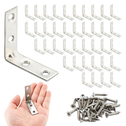 HOME MASTER HARDWARE 40pcs L Bracket Corner Brace Sets, Stainless Steel Corner Bracket, 2 inch Joint Right Angle Brackets with Screws for Shelves Wood Furniture Frame - size: 2 " Stainless Steel-40Pack