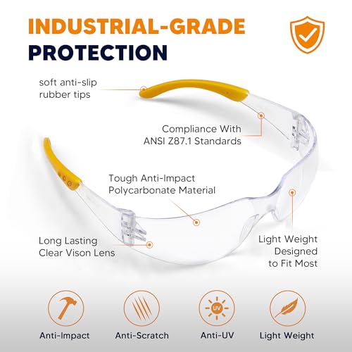 Clear Safety Glasses 24PK, Protective Eyewear Polycarbonate Lens with Rubber Temples ANSI Z87.1 Anti-Scratch Impact Resistant Eye Protection for Man Woman Clear Lens/Yellow Frame - color: 24pack Clear Lens/Yellow Frame