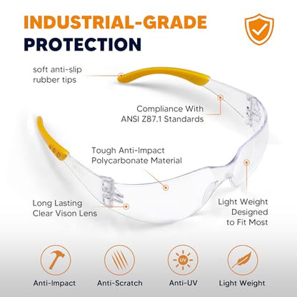 Clear Safety Glasses 24PK, Protective Eyewear Polycarbonate Lens with Rubber Temples ANSI Z87.1 Anti-Scratch Impact Resistant Eye Protection for Man Woman Clear Lens/Yellow Frame - color: 24pack Clear Lens/Yellow Frame