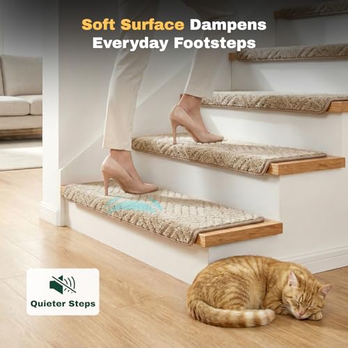 MBIGM Bullnose Non-Slip Stair Treads w/Reusable Adhesive 14 Pack 9.5" x 30" Wooden Steps Protection - TPU Backing with Steel Reinforcement - Anti-Slip Solution Basketweave Beige Non Slip Stair Tread - color: Beige - Basketweave