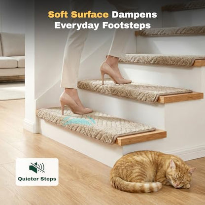 MBIGM Bullnose Non-Slip Stair Treads w/Reusable Adhesive 14 Pack 9.5" x 30" Wooden Steps Protection - TPU Backing with Steel Reinforcement - Anti-Slip Solution Basketweave Beige Non Slip Stair Tread - color: Beige - Basketweave