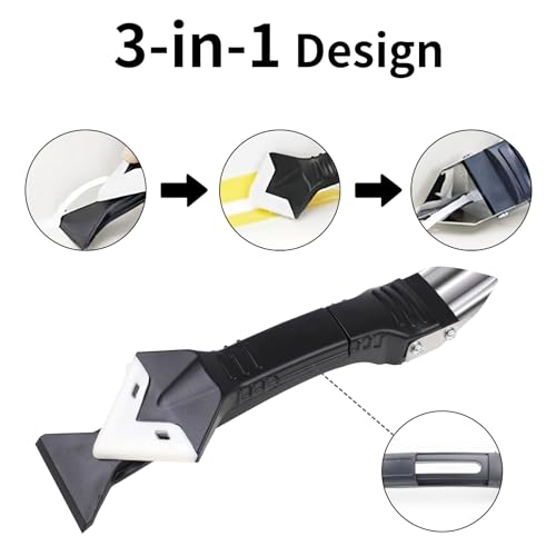 3 in 1 Silicone Caulking Tool with 5 Replaceable Pads - Stainless Steel Sealant Finisher & Grout Remover for Kitchen, Bathroom, Tile, Window, Sink Joints