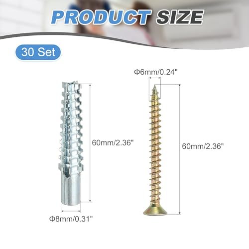 PATIKIL 30 Pcs Drywall Hollow Wall Anchors with Screws 0.24 x 2.36, Steel Dry Wall Anchors Kit for Wooden Concrete Plaster Hinge Hole Repair, Silver (8 x 60mm) - size: 8 x 60mm