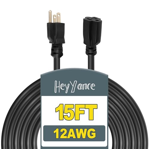 15 Ft Heavy Duty Outdoor Extension Cord Waterproof - 12/3 SJTW 15A 1875W Black Extension Cable with 3 Prong Grounded Plug, Waterproof Electric Cable for Lawn, Garden, Appliances, UL Listed - color: Black, size: 15 ft