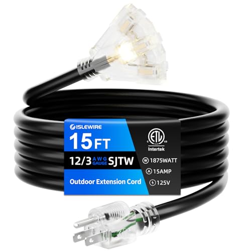 15 FT Outdoor Extension Cord with Multiple Outlets, 12 Gauge Heavy Duty Black Extension Cord Waterproof with 3 Outlet, 3 Prong Power Cord for Garden and Home Use Indicator Light, ETL Listed - color: Black, size: 15FT