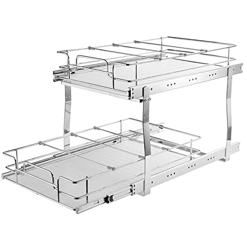 VEVOR Pull Out Cabinet Organizer, 14" Wx21.2 Dx15.2 H Heavy 2 Tier Duty Slide Out Pantry Shelves, Chrome-Plated Steel Roll Out Drawer for Under Sink, 15.5" Wx22.5 Dx19 H Install Size for Cabinet - size: 14"wx21.2"dx15.2"h