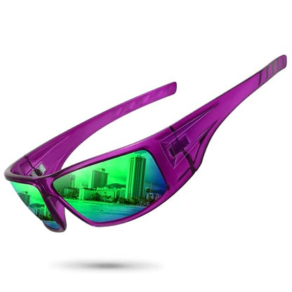 Polarized Sports Sunglasses for Men Women Unbreakable Frame Cycling Fishing Wrap Around Sunglasses UV400 Protection - color: 1-clear Purple/Green Mirror Lens