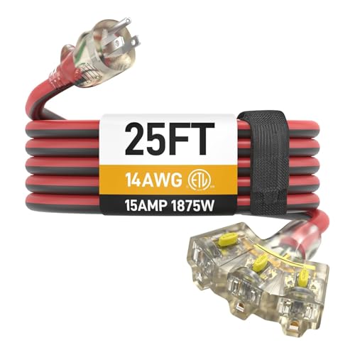 25FT Outdoor Extension Cord with Multiple Outlets, 14/3 Gauge Medium Duty, 15A 1875W, 3 Prong with LED Light & Locking Plug, Weather Resistant, ETL Certified for Lawn Mower, Tools, Christmas Lights