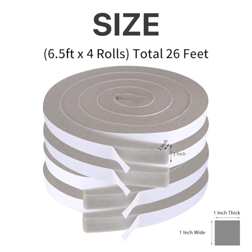 Weather Stripping Door Seal 1 Inch W X 1 Inch T, Open Cell Foam Insulation Air Conditioner Window Seal, Total Length 26 Feet (6.5ft x 4 Rolls) - color: Gray, size: 1" (W) x 1" (T) x 26' (L)