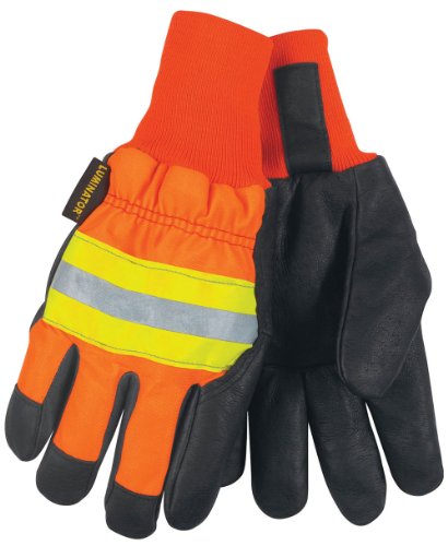 MCR Safety 34411L Luminator Grain Pigskin Waterproof Thermosock Lined Gloves with Wing Thumb, Black/Orange, Large, 1-Pair - size: Large