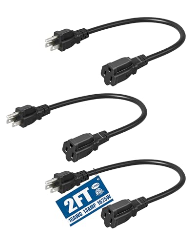 DEWENWILS 3-Pack 2FT Heavy Duty Extension Cord, 16 AWG SJTW Weatherproof Power Cable for Indoor, 3-Prong Grounded Plug for Holiday Decor/Home/Garden, ETL Listed, Black - color: Black, size: 2 feet