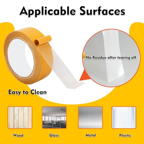 Qoqooice Double Sided Fabric Tape Heavy Duty Mounting Tape 1"/2“ x 50FT Resistente Clear Super Stick Tape with Fiberglass Mesh High Tack Strong Adhesive for Clothes Carpet Arts - size: 1 Inch and 2 Inch x50FT