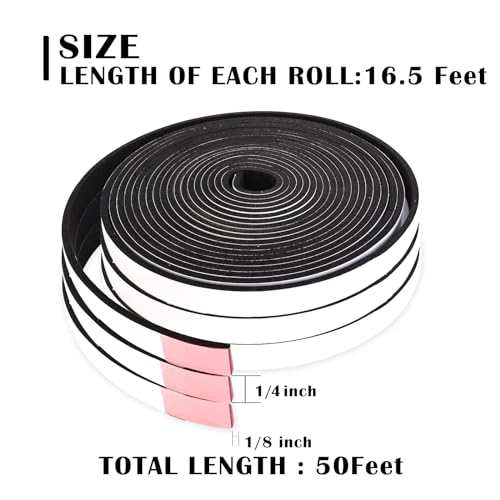 Black Foam Weather Stripping 1/4 Inch W x 1/8 Inch T,Single Sided Foam Tape for Door and Window，AC Seal,High Density Foam Insulation Strip,Soundproof and Closed Cell Weatherstrip 3 Roll(Total 50 Feet) - size: 1/4In x 1/8In x 50Ft