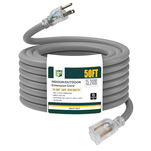 EP 50 Ft Lighted Outdoor Extension Cord - 12/3 SJTW Heavy Duty Grey Extension Cable with 3 Prong Grounded Plug - Power Cord for Lawn, Garden, Appliances - color: Grey, size: 50ft