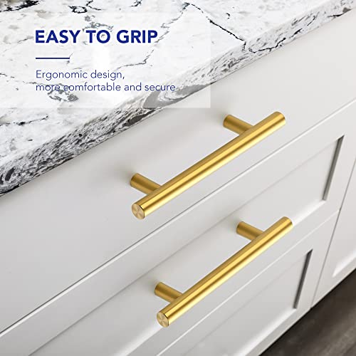 10 Pack Cabinet Handles with 3.75 Inch (96mm) Hole Center Brushed Brass Cabinet Pulls Stainless Steel Drawer Pulls, Kitchen Knobs for Dresser Drawer, 6 Inch Overall Length - color: Brushed Brass T-Shaped, size: 3-3/4" Hole Center