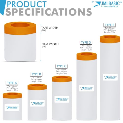 Pre-Taped Masking Film Sets - 1 Roll, Orange Tape and Drape Painters Plastic Sheeting for Painting, High Visibility Paint Plastic Covering Overspray Protection - 65 Feet (1, 78 Inch) - size: 78 Inch